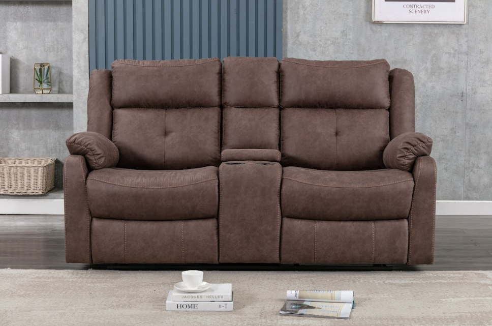 Casey Manual Recliner Sofas in chestnut brown with console