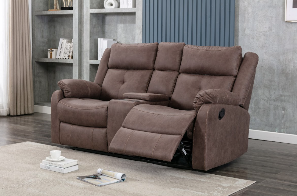 Casey Manual Recliner Sofas in chestnut brown with drinks holders and console