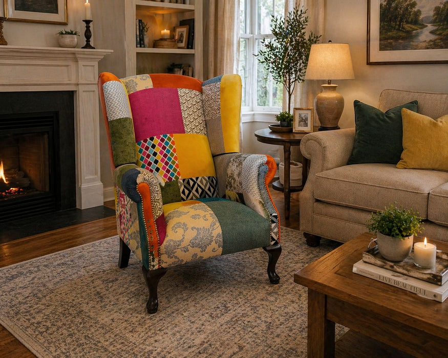 Patchwork Queen Anne Chair - Pink & Yellow