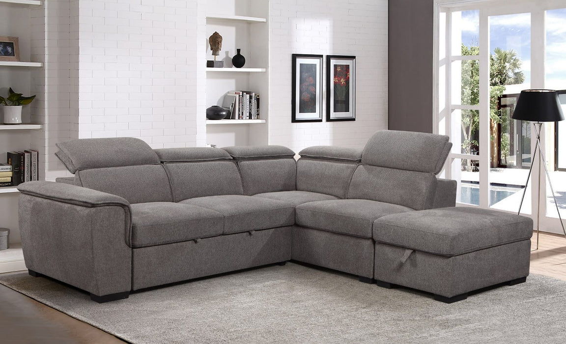 Prague Grey Sectional with Pull Out Bed & Storage Ottoman