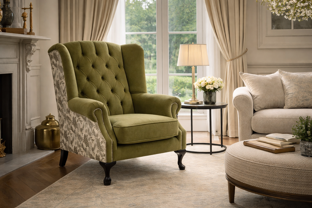 Queen Anne Chesterfield Armchair - Olive Green