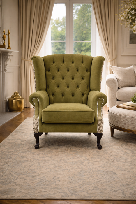 Queen Anne Chesterfield Armchair - Olive Green