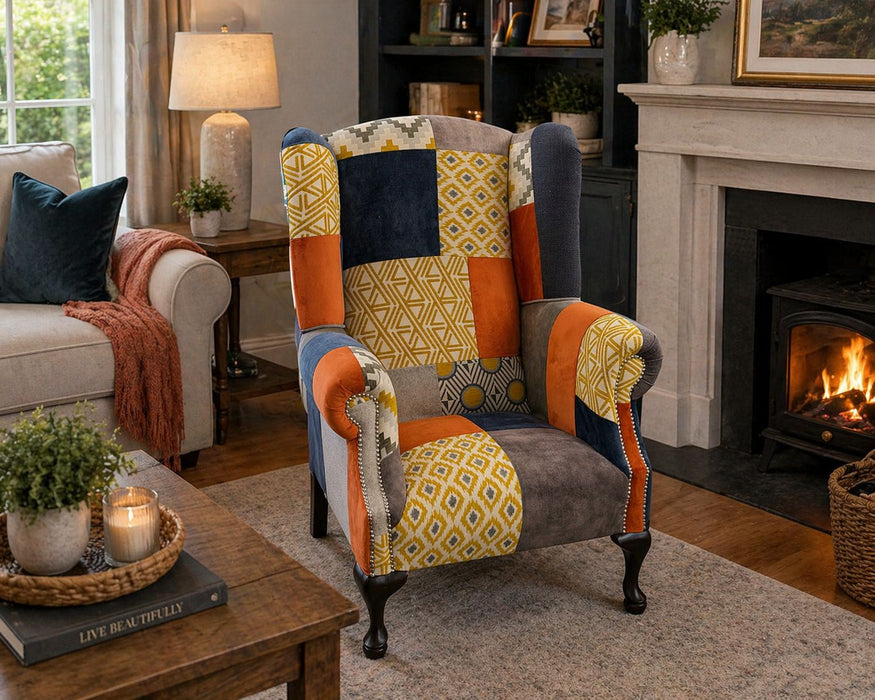 Queen Anne Patchwork Chair - Blue & Orange