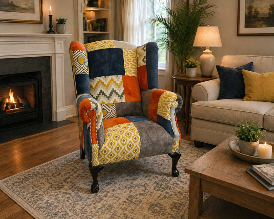 Queen Anne Patchwork Chair - Blue & Pattern